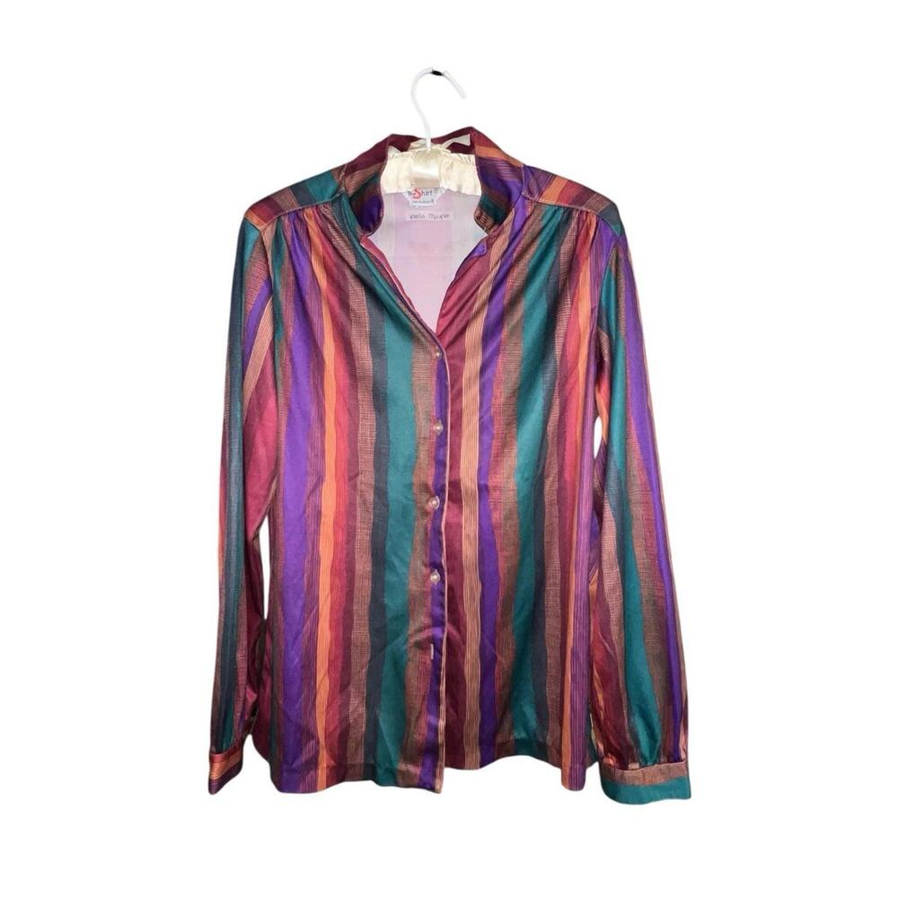 SOLD Vintage 70s Sears "The Shirt" Perma-Prest Rainbow Striped Blouse Size 14